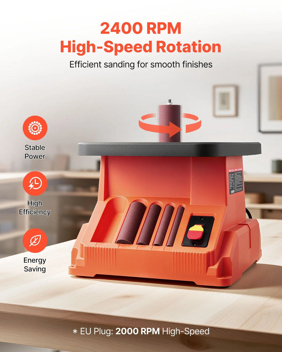 VEVOR Oscillating Spindle Sander, Benchtop Model 2000 RPM, 6 Sanding Sleeves 12.7–76.2 mm, 16 mm Stroke, 390 × 415 mm Work Table for Furniture Finishing, Crafts and DIY Woodworking