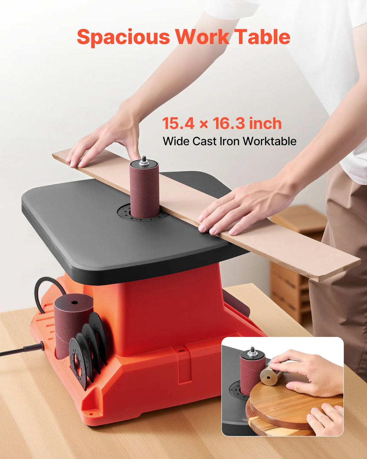 VEVOR Oscillating Spindle Sander, Benchtop Model 2000 RPM, 6 Sanding Sleeves 12.7–76.2 mm, 16 mm Stroke, 390 × 415 mm Work Table for Furniture Finishing, Crafts and DIY Woodworking