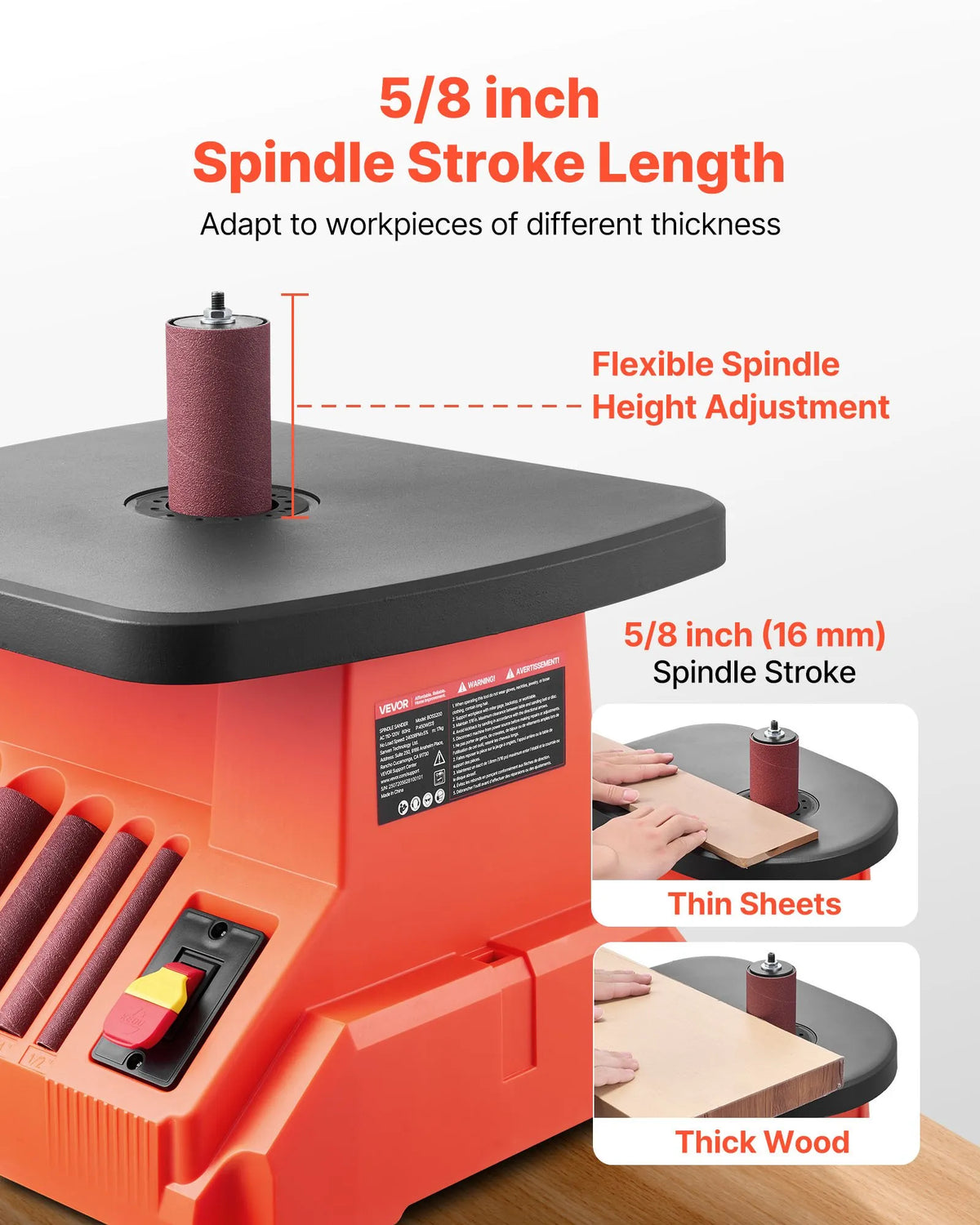 VEVOR Oscillating Spindle Sander, Benchtop Model 2000 RPM, 6 Sanding Sleeves 12.7–76.2 mm, 16 mm Stroke, 390 × 415 mm Work Table for Furniture Finishing, Crafts and DIY Woodworking