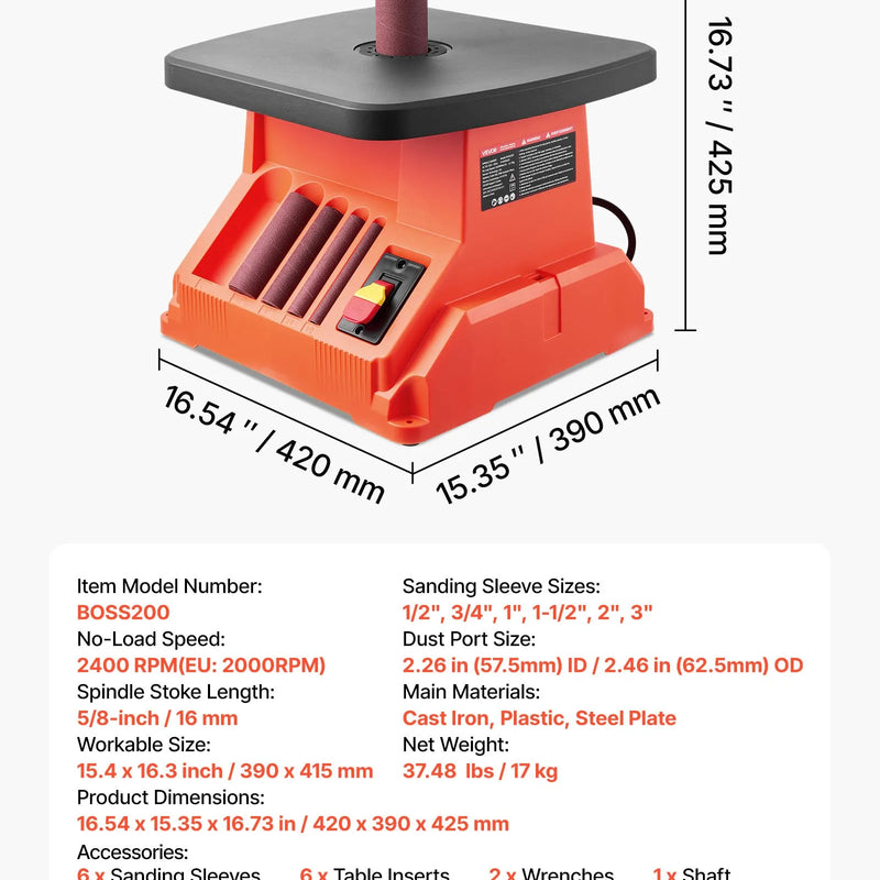 VEVOR oscilējošā vārpstas slīpmašīna, galda modelis 2000 apgr./min, komplektā 6 slīpēšanas uzmavas 12,7–76,2 mm, 16 mm gājiens, darba galds 390 × 415 mm mēbeļu apdarei, amatniecībai un DIY kokapstrādei
