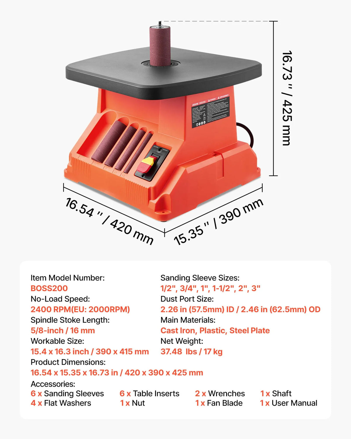 VEVOR Oscillating Spindle Sander, Benchtop Model 2000 RPM, 6 Sanding Sleeves 12.7–76.2 mm, 16 mm Stroke, 390 × 415 mm Work Table for Furniture Finishing, Crafts and DIY Woodworking