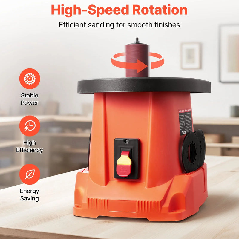 VEVOR oscilējošā vārpstas slīpmašīna ar 2000 apgr./min ātrumu, 6 slīpēšanas uzmavām (12,7-76,2 mm), 16 mm gājienu un 397 × 295 mm čuguna darba galdu, piemērota mēbeļu apdarei, amatniecībai un DIY kokapstrādes darbiem.