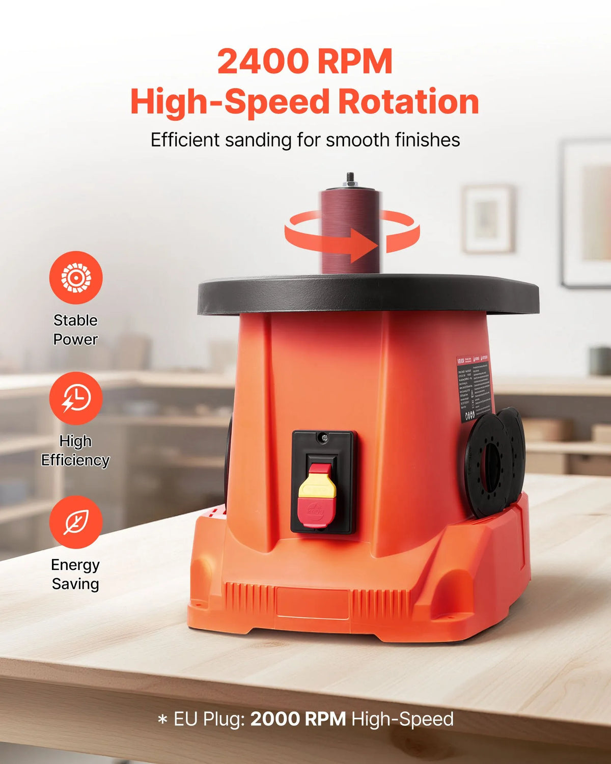 VEVOR Oscillating Spindle Sander with 2000 RPM Speed, 6 Sanding Sleeves (12.7–76.2 mm), 16 mm Stroke and 397 × 295 mm Cast Iron Work Table, Suitable for Furniture Finishing, Crafts and DIY Woodworking