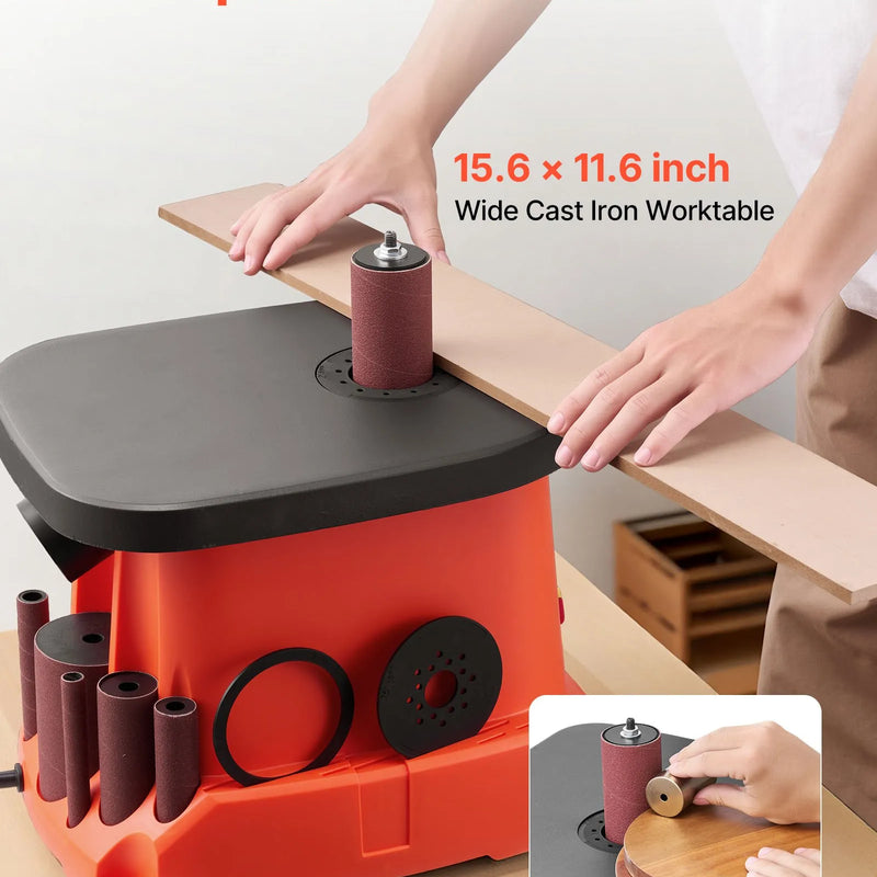 VEVOR oscilējošā vārpstas slīpmašīna ar 2000 apgr./min ātrumu, 6 slīpēšanas uzmavām (12,7-76,2 mm), 16 mm gājienu un 397 × 295 mm čuguna darba galdu, piemērota mēbeļu apdarei, amatniecībai un DIY kokapstrādes darbiem.