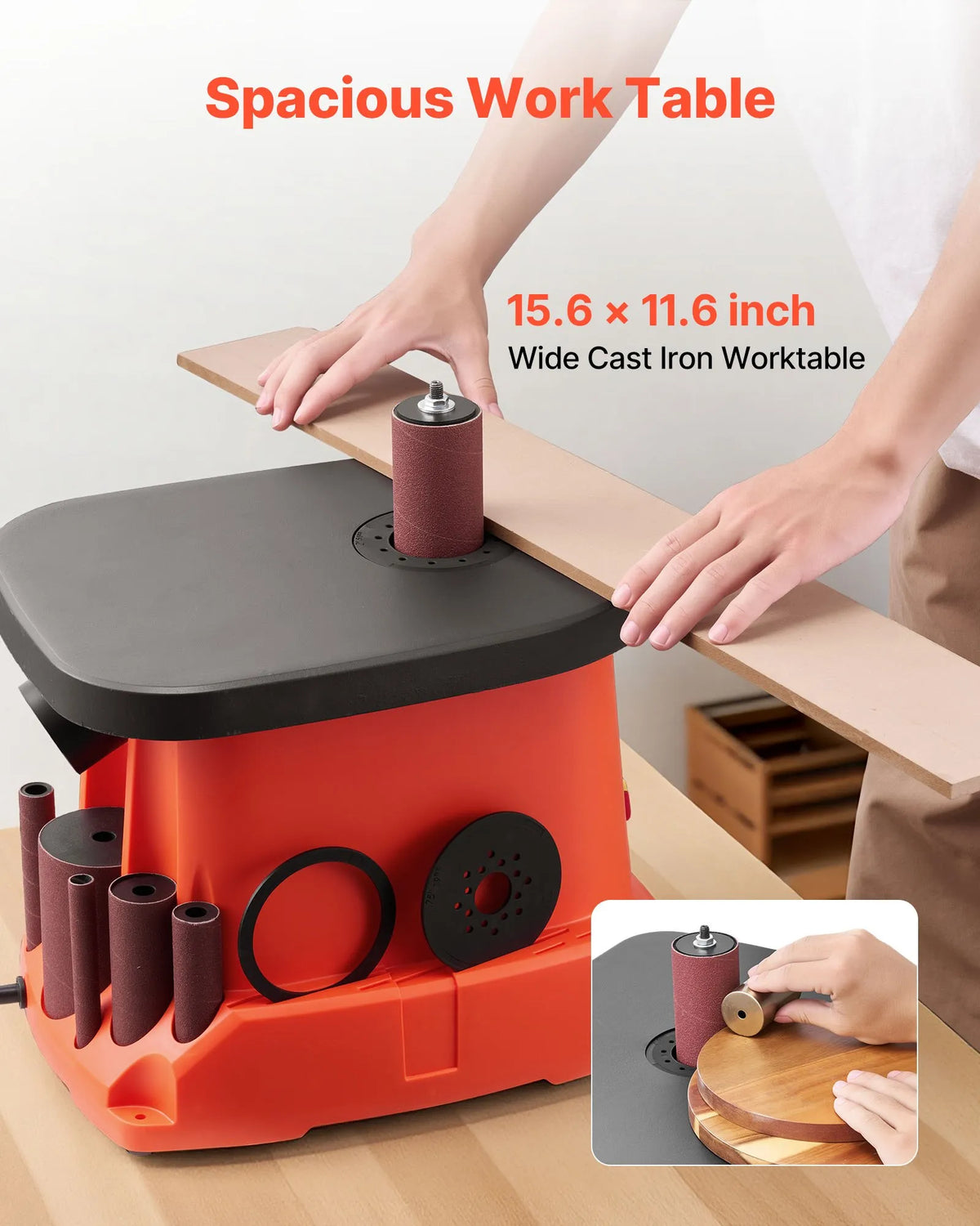 VEVOR Oscillating Spindle Sander with 2000 RPM Speed, 6 Sanding Sleeves (12.7–76.2 mm), 16 mm Stroke and 397 × 295 mm Cast Iron Work Table, Suitable for Furniture Finishing, Crafts and DIY Woodworking