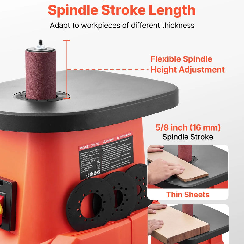 VEVOR oscilējošā vārpstas slīpmašīna ar 2000 apgr./min ātrumu, 6 slīpēšanas uzmavām (12,7-76,2 mm), 16 mm gājienu un 397 × 295 mm čuguna darba galdu, piemērota mēbeļu apdarei, amatniecībai un DIY kokapstrādes darbiem.