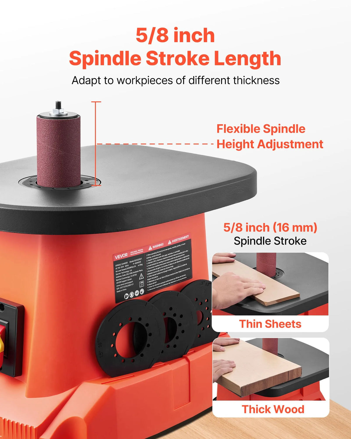 VEVOR Oscillating Spindle Sander with 2000 RPM Speed, 6 Sanding Sleeves (12.7–76.2 mm), 16 mm Stroke and 397 × 295 mm Cast Iron Work Table, Suitable for Furniture Finishing, Crafts and DIY Woodworking