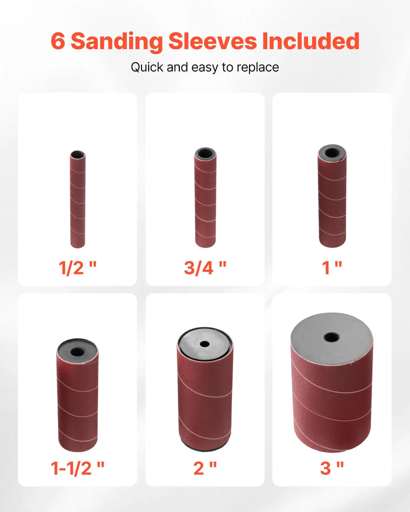 VEVOR oscilējošā vārpstas slīpmašīna ar 2000 apgr./min ātrumu, 6 slīpēšanas uzmavām (12,7-76,2 mm), 16 mm gājienu un 397 × 295 mm čuguna darba galdu, piemērota mēbeļu apdarei, amatniecībai un DIY kokapstrādes darbiem.