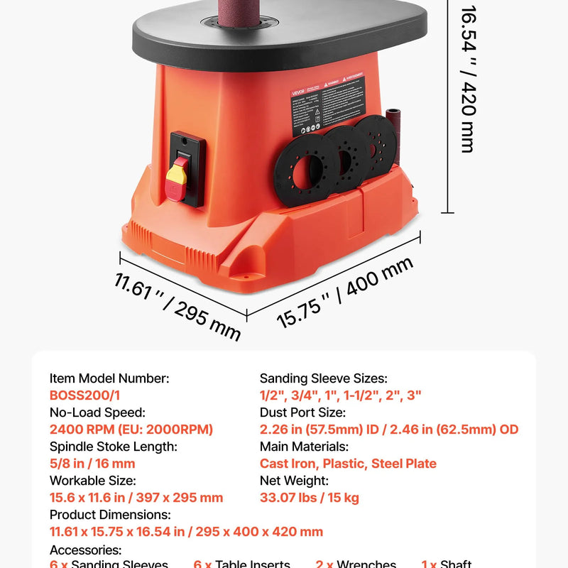 VEVOR oscilējošā vārpstas slīpmašīna ar 2000 apgr./min ātrumu, 6 slīpēšanas uzmavām (12,7-76,2 mm), 16 mm gājienu un 397 × 295 mm čuguna darba galdu, piemērota mēbeļu apdarei, amatniecībai un DIY kokapstrādes darbiem.