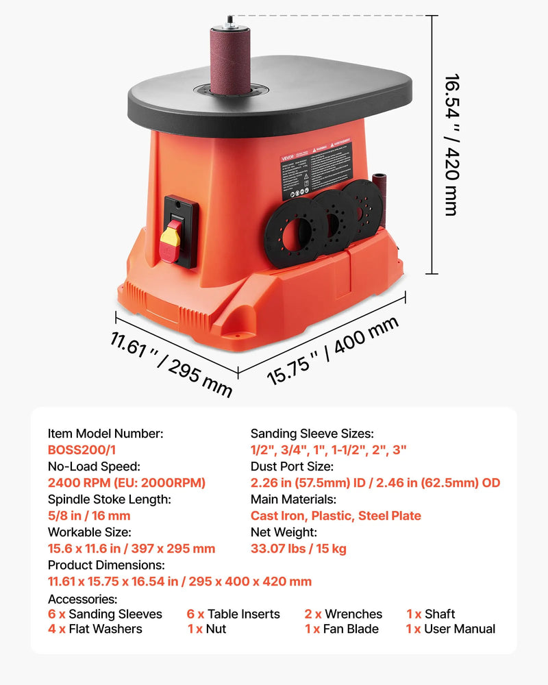 VEVOR oscilējošā vārpstas slīpmašīna ar 2000 apgr./min ātrumu, 6 slīpēšanas uzmavām (12,7-76,2 mm), 16 mm gājienu un 397 × 295 mm čuguna darba galdu, piemērota mēbeļu apdarei, amatniecībai un DIY kokapstrādes darbiem.