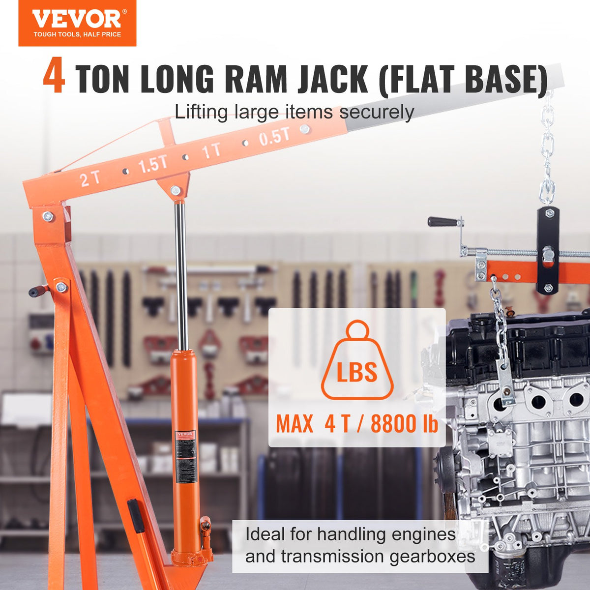 VEVOR Hydraulic Long Stroke Cylinder, 4 Tonne Engine Hoist with Single Acting Pump and Flat Base, Hydraulic Cylinder for Engine Hoists and Workshop Cranes