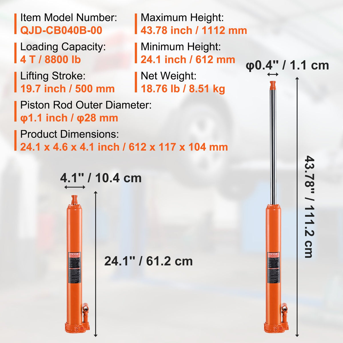 VEVOR Hydraulic Long Stroke Cylinder, 4 Tonne Engine Hoist with Single Acting Pump and Flat Base, Hydraulic Cylinder for Engine Hoists and Workshop Cranes