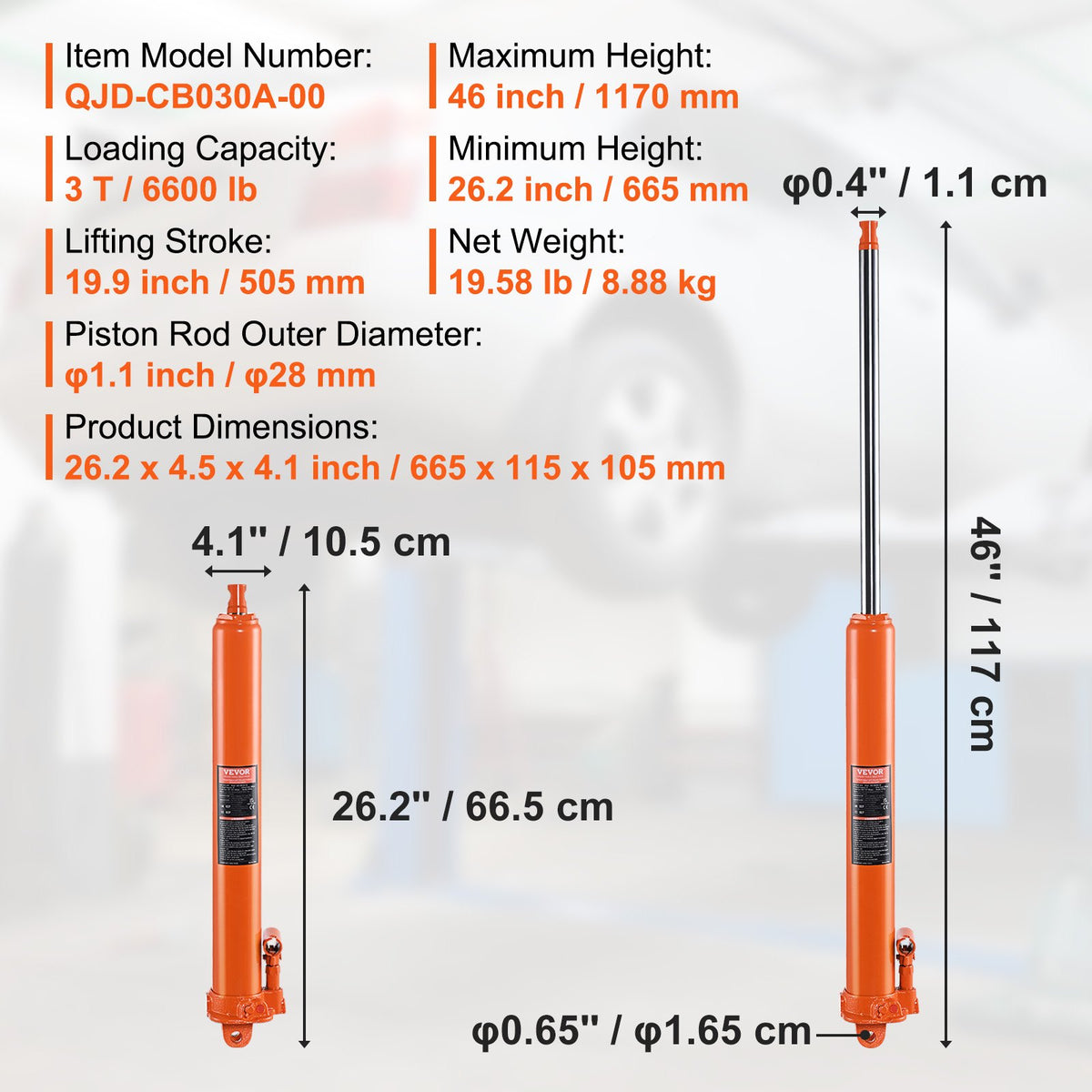 VEVOR Hydraulic Long Stroke Cylinder, 3 Tonne Engine Hoist with Single Acting Pump and Clevis Base, Hydraulic Cylinder for Engine Hoists and Workshop Cranes