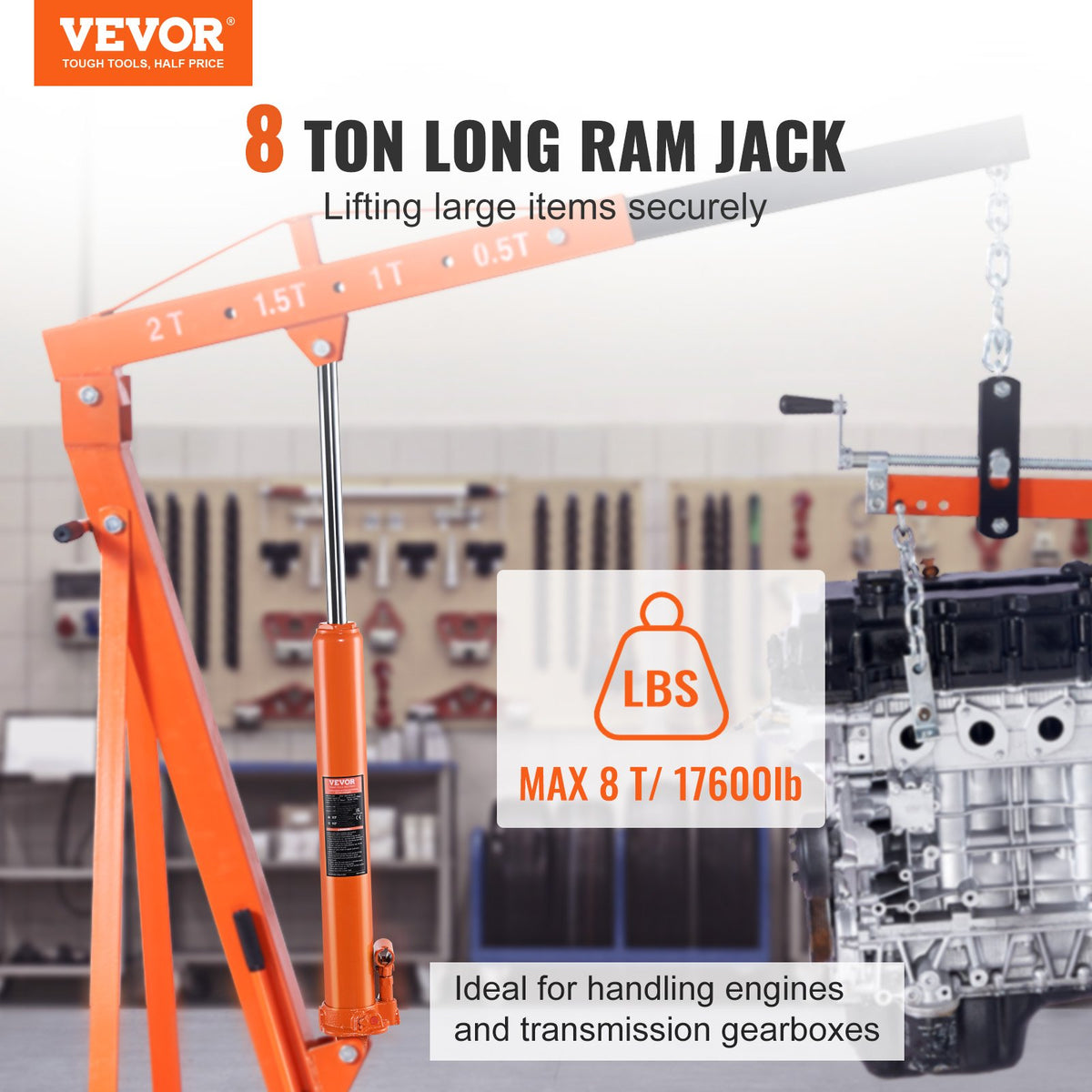 VEVOR Hydraulic Long Stroke Cylinder, 8 Tonne Engine Hoist with Single Acting Pump and Clevis Base, Hydraulic Cylinder for Engine Hoists and Workshop Cranes