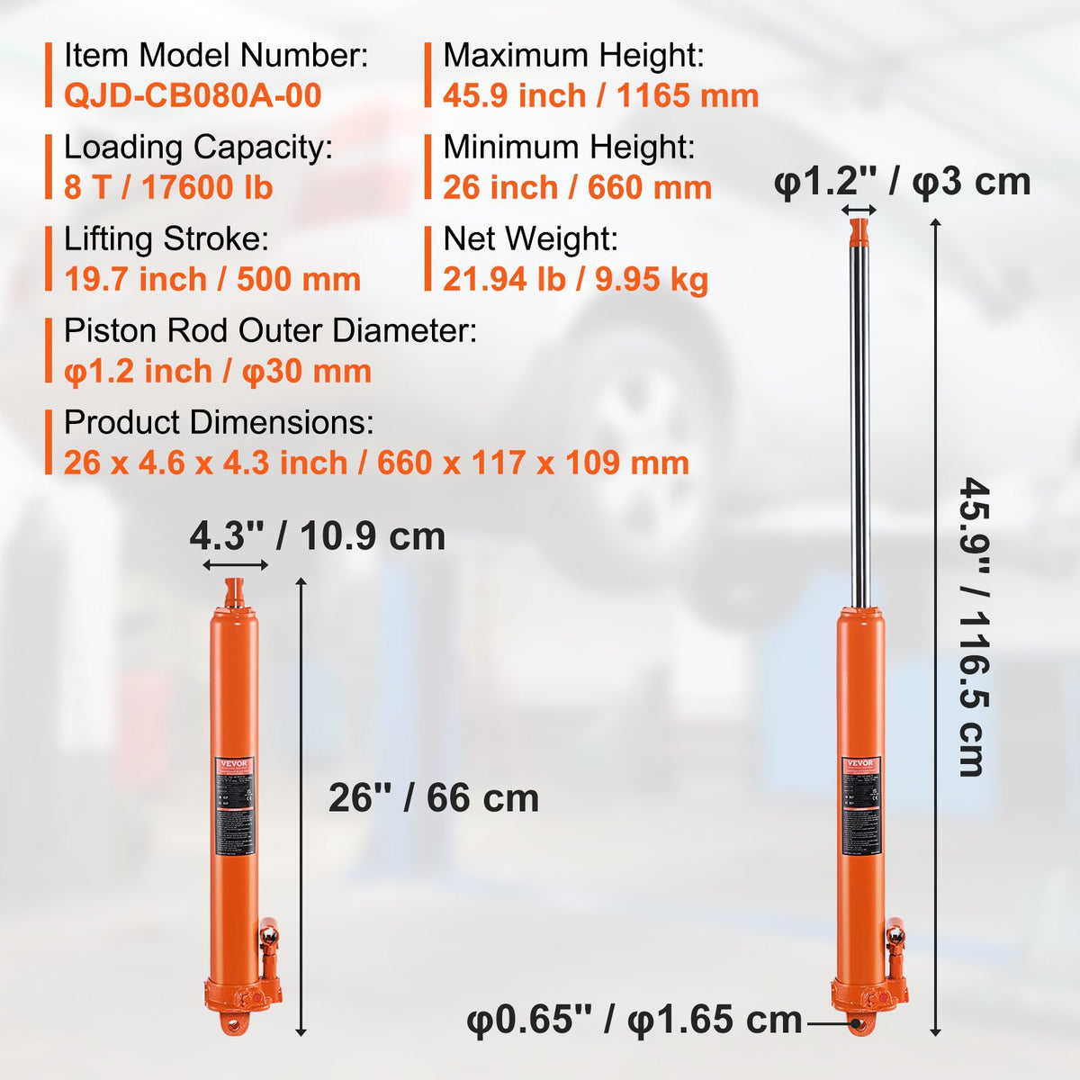 VEVOR Hydraulic Long Stroke Cylinder, 8 Tonne Engine Hoist with Single Acting Pump and Clevis Base, Hydraulic Cylinder for Engine Hoists and Workshop Cranes