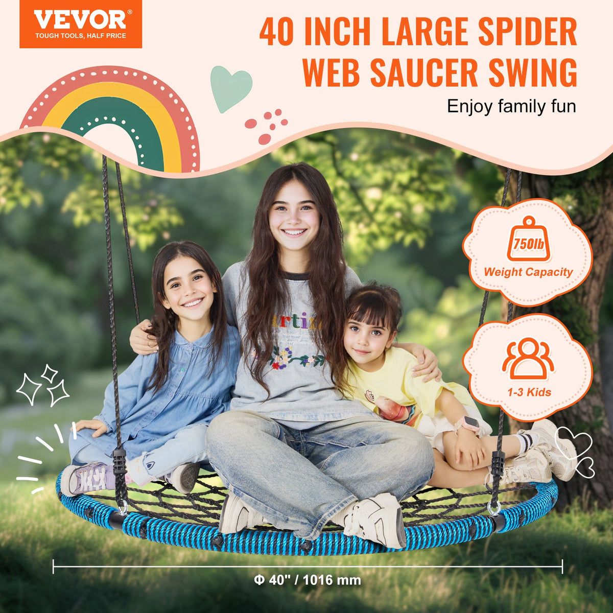 VEVOR apaļās zirnekļtīkla šūpoles bērniem, 102 cm, līdz 340 kg