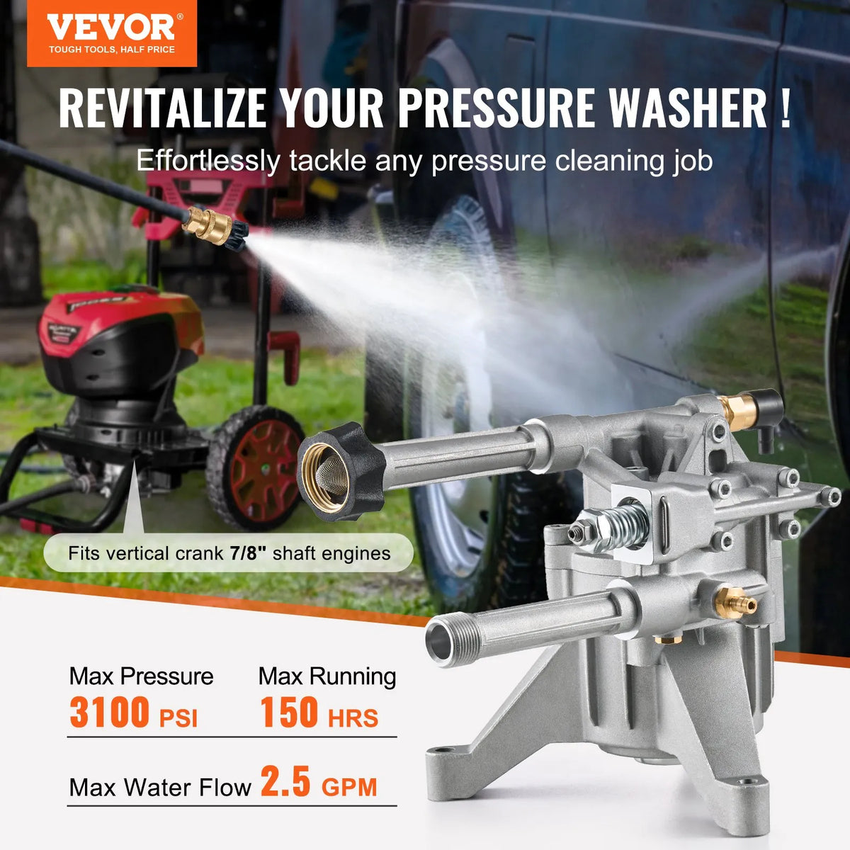 VEVOR High-Pressure Washer Pump with Vertical 22 mm (7/8″) Shaft, Working Pressure up to 214 bar, Flow 9.5 l/min, Replacement Pump Kit with 5 Nozzles, Compatible with Briggs & Stratton, Generac, Devilbiss, Troy Bilt, Honda and Craftsman