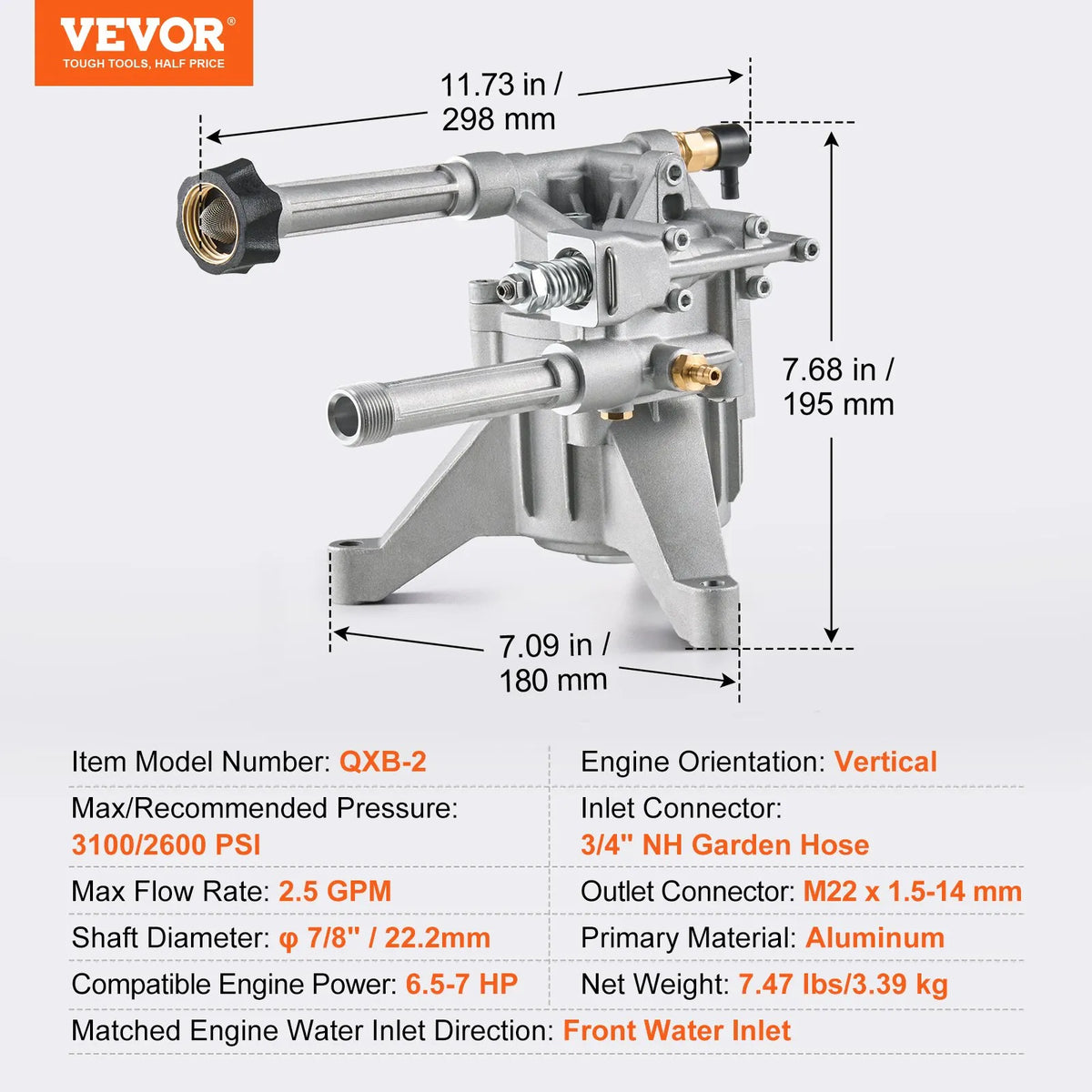 VEVOR High-Pressure Washer Pump with Vertical 22 mm (7/8″) Shaft, Working Pressure up to 214 bar, Flow 9.5 l/min, Replacement Pump Kit with 5 Nozzles, Compatible with Briggs & Stratton, Generac, Devilbiss, Troy Bilt, Honda and Craftsman