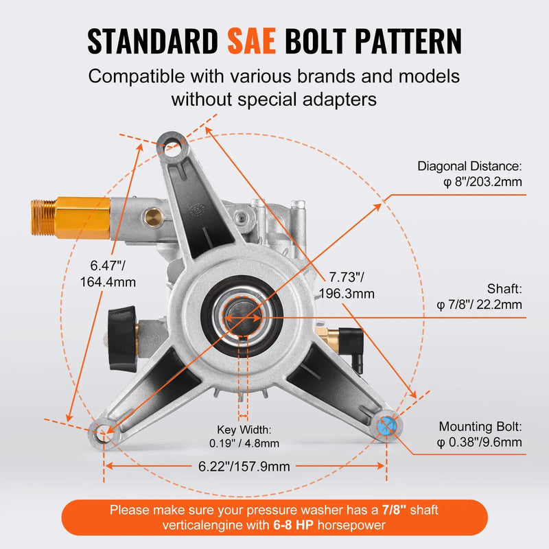 VEVOR augstspiediena mazgātāja sūknis ar vertikālu 22 mm (7/8″) vārpstu, darba spiediens līdz 227 bar, plūsma 11 l/min, rezerves sūkņa komplekts ar 5 sprauslām, montāžas piederumiem un sifona cauruli, saderīgs ar RYOBI, Honda un Briggs & Stratton
