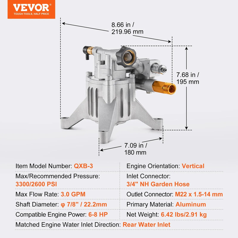 VEVOR augstspiediena mazgātāja sūknis ar vertikālu 22 mm (7/8″) vārpstu, darba spiediens līdz 227 bar, plūsma 11 l/min, rezerves sūkņa komplekts ar 5 sprauslām, montāžas piederumiem un sifona cauruli, saderīgs ar RYOBI, Honda un Briggs & Stratton