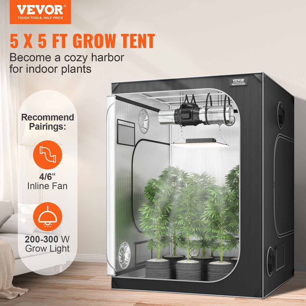 VEVOR 152.4 cm x 152.4 cm Grow Tent, 152.4 cm x 152.4 cm x 203.2 cm, High Reflectivity 2000D Mylar Hydroponic Grow Tent with Observation Window, Tool Bag and Floor Tray for Indoor Plant Growing