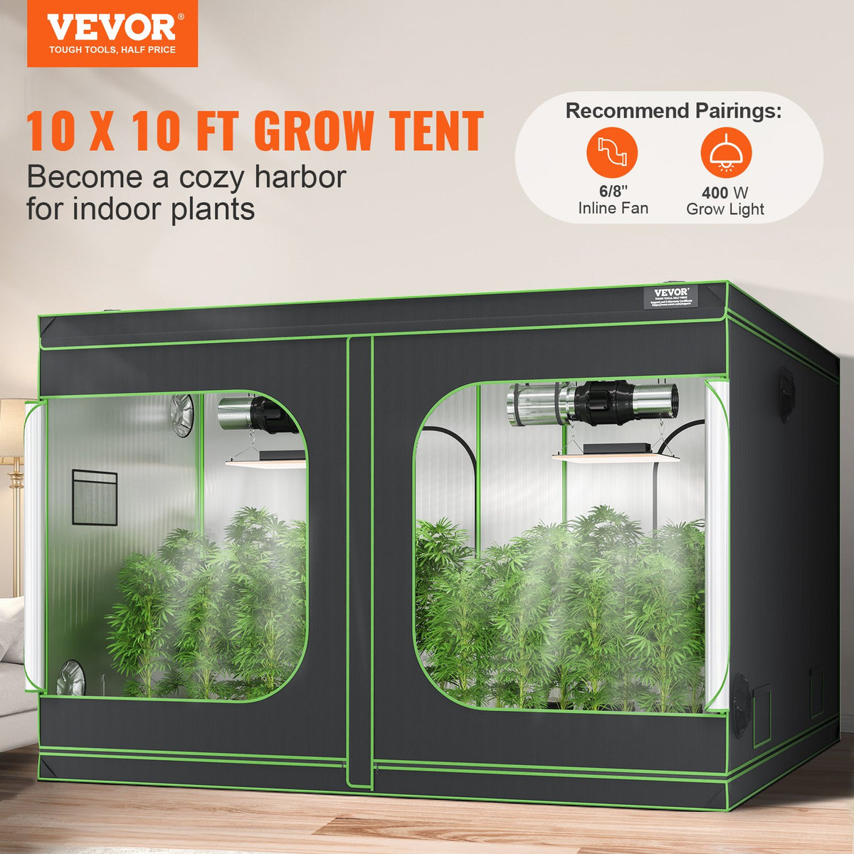 VEVOR 304.8 cm x 304.8 cm Grow Tent, 304.8 cm x 304.8 cm x 203.2 cm, High Reflectivity 600D Mylar Hydroponic Grow Tent with Observation Window, Tool Bag and Floor Tray for Indoor Plant Growing