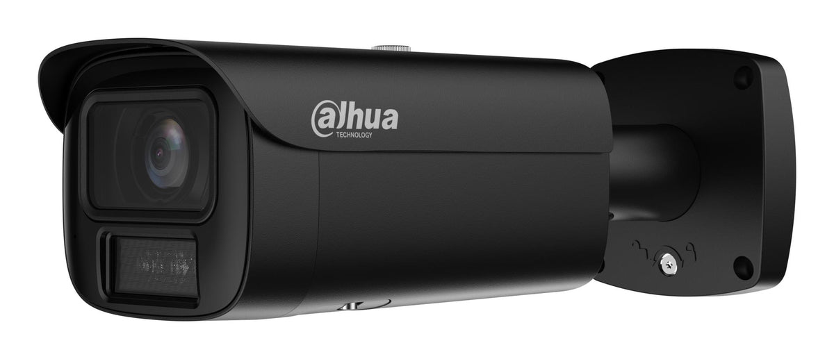 Dahua 4 MP outdoor bullet IP camera, 2.7–12 mm, 115–47°, motorised zoom, Smart Dual Light, IR and warm white light, WizMind, SMD, human and vehicle detection, people counting, microphone, microSD up to 1 TB, ePoE, IP67, IK10, black