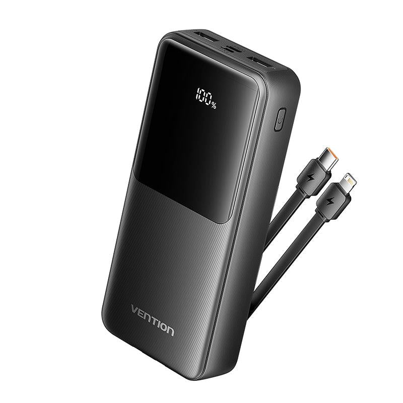 Vention FHPB0 ārējais akumulators 20 000 mAh, 22,5 W, ar iebūvētiem USB-C un Lightning vadiem, melns