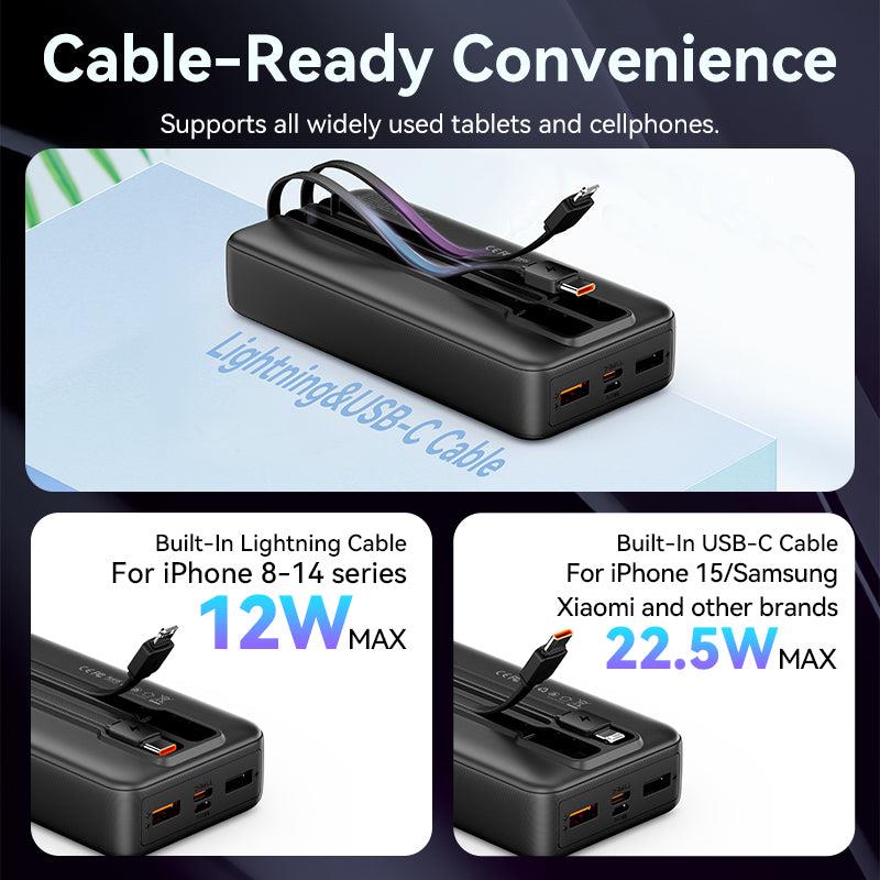 Vention FHPB0 ārējais akumulators 20 000 mAh, 22,5 W, ar iebūvētiem USB-C un Lightning vadiem, melns