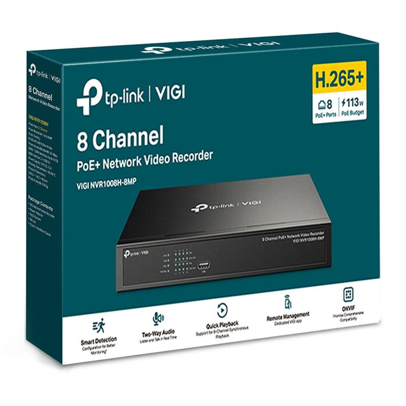 TP-Link VIGI NVR1008H-8MP tīkla videoreģistrators, 8 kanāli, 8× PoE+, 113 W, līdz 8 MP, 4K HDMI