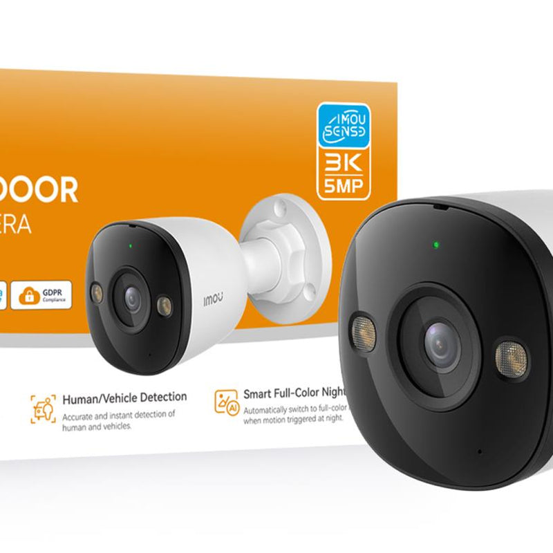 IMOU PS3E 5 MP āra bullet IP kamera, 2,8 mm, 94°, 8× digitālā tālummaiņa, 30 m nakts redzamība, H.264/H.265, cilvēku un transportlīdzekļu noteikšana, mikrofons, sirēna, microSD līdz 512 GB, PoE/12 V, IP67, balta