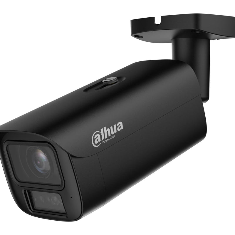 Dahua 4 MP āra bullet IP kamera, 2,7–12 mm, 115–47°, motorizēta tālummaiņa, Smart Dual Light, IR un silti balta gaisma, WizMind, SMD, cilvēku un transportlīdzekļu noteikšana, cilvēku skaitīšana, mikrofons, microSD līdz 1 TB, ePoE, IP67, IK10, melna