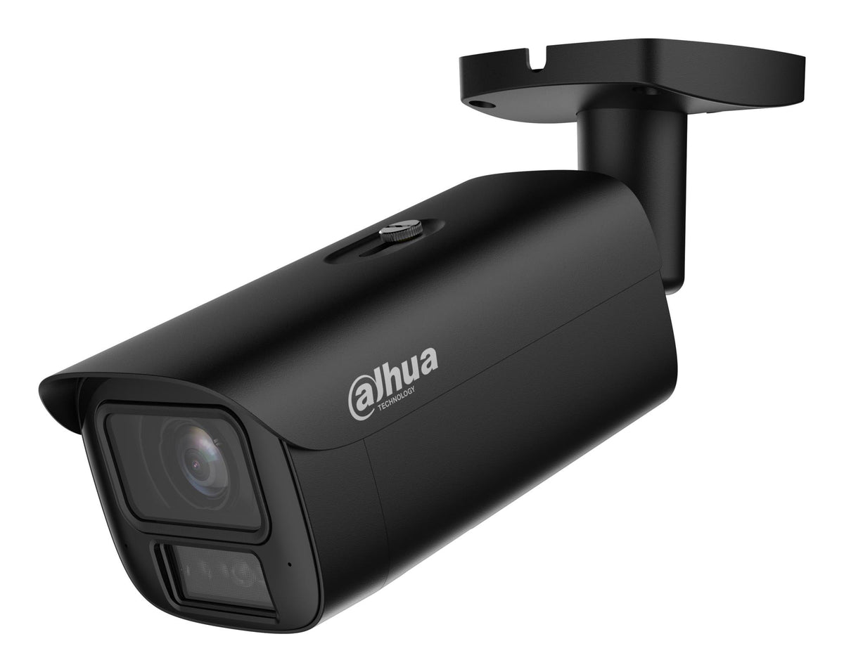 Dahua 4 MP outdoor bullet IP camera, 2.7–12 mm, 115–47°, motorised zoom, Smart Dual Light, IR and warm white light, WizMind, SMD, human and vehicle detection, people counting, microphone, microSD up to 1 TB, ePoE, IP67, IK10, black