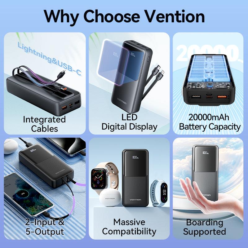 Vention FHPB0 ārējais akumulators 20 000 mAh, 22,5 W, ar iebūvētiem USB-C un Lightning vadiem, melns