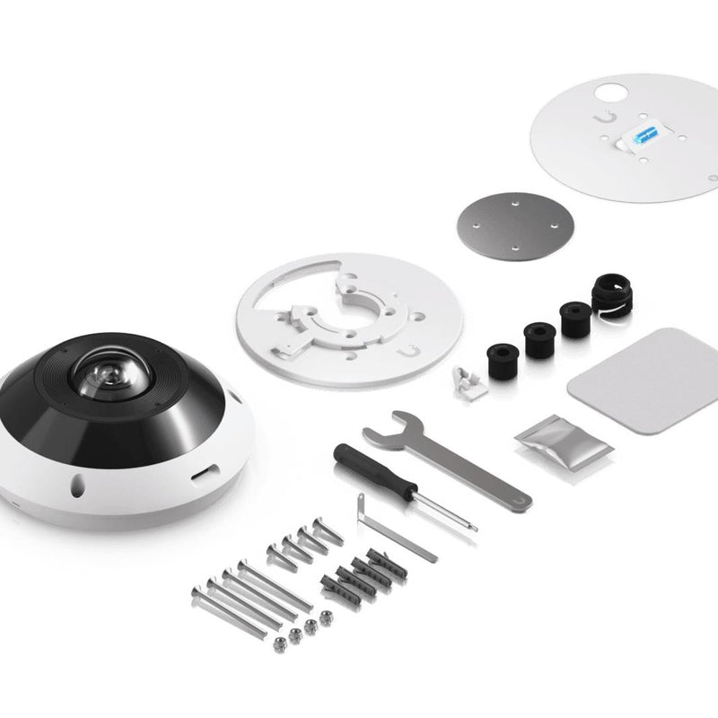Ubiquiti G6 Pro 360 12 MP panorāmas IP kamera, 180° skata leņķis, digitālā PTZ, viedais IR līdz 15 m, cilvēku, transportlīdzekļu un dzīvnieku noteikšana, divvirzienu audio, microSD, PoE+, IP66, IK10, balta