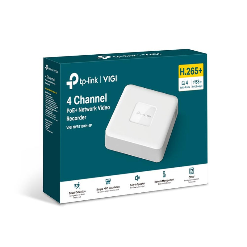 TP-Link VIGI NVR1104H-4P tīkla videoreģistrators, 4 kanāli, 4× PoE+, 53 W, līdz 8 MP, 4K HDMI