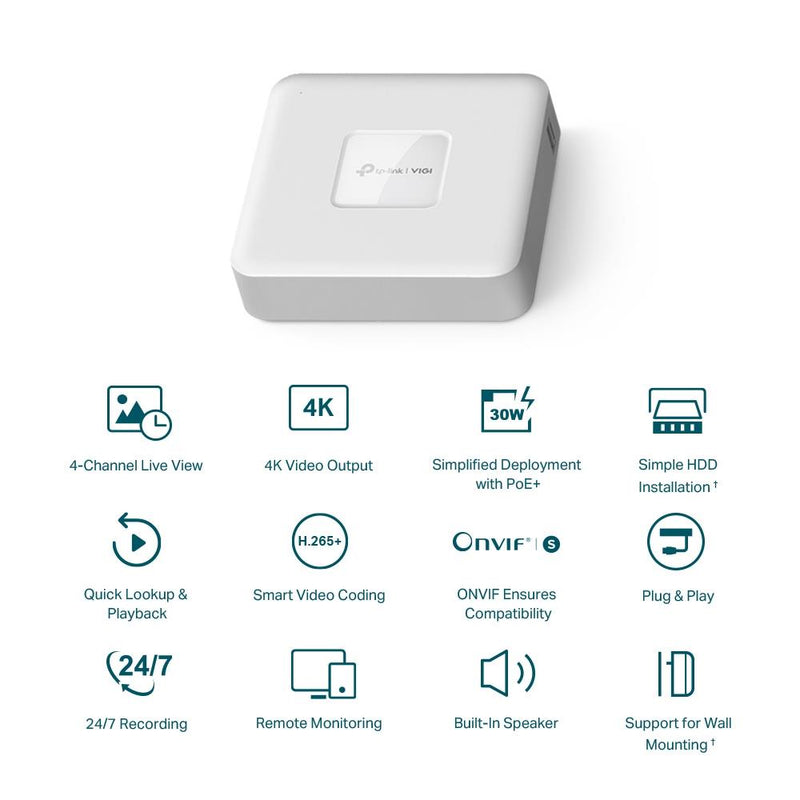 TP-Link VIGI NVR1104H-4P tīkla videoreģistrators, 4 kanāli, 4× PoE+, 53 W, līdz 8 MP, 4K HDMI