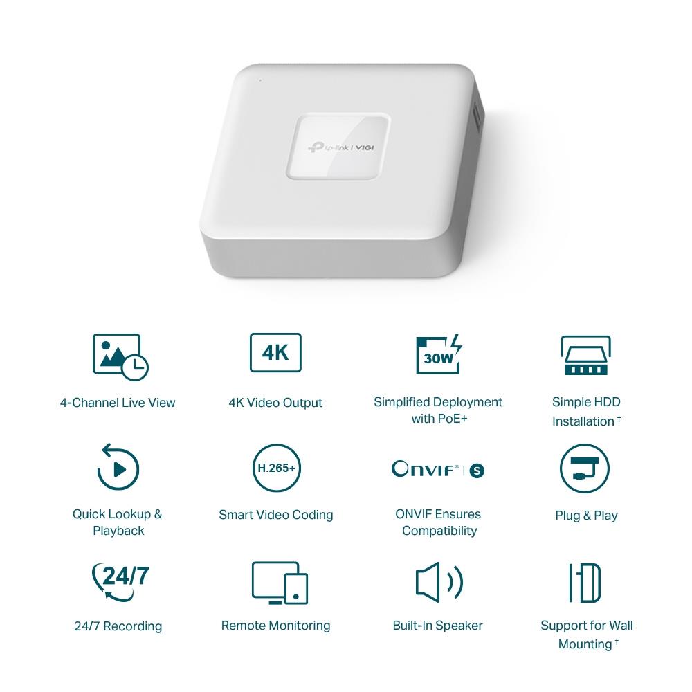 TP-Link VIGI NVR1104H-4P network video recorder, 4 channels, 4× PoE+, 53 W, up to 8 MP, 4K HDMI