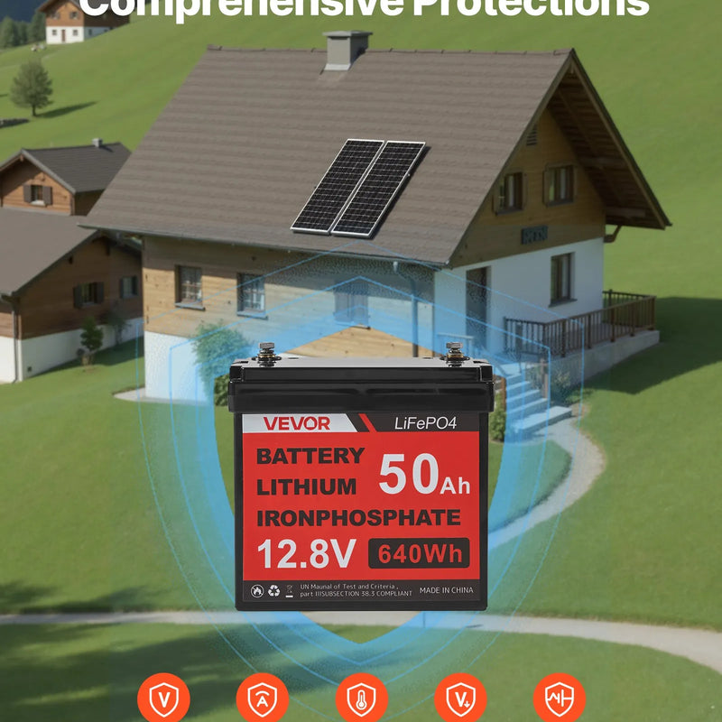 VEVOR 200 W 12 V pilns saules enerģijas komplekts, 2 × 100 W monokristāliski saules paneļi, 12,8 V 50 Ah LiFePO₄ akumulators, 40 A uzlādes kontrolieris un 800 W strāvas invertors RV, mājai, kempingam, laivai un autonomai energoapgādei
