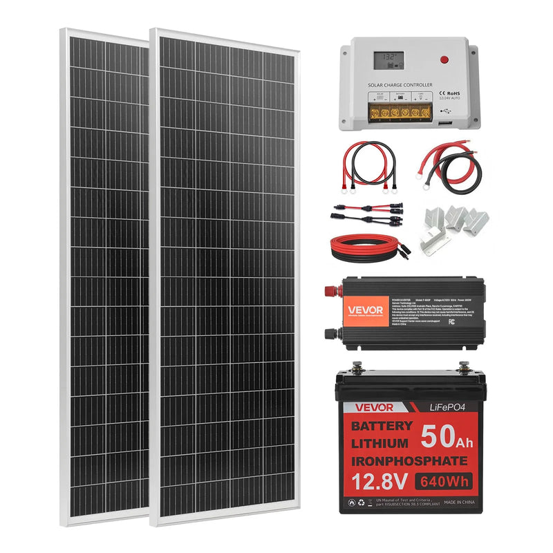 VEVOR 200 W 12 V pilns saules enerģijas komplekts, 2 × 100 W monokristāliski saules paneļi, 12,8 V 50 Ah LiFePO₄ akumulators, 40 A uzlādes kontrolieris un 800 W strāvas invertors RV, mājai, kempingam, laivai un autonomai energoapgādei