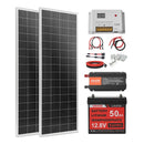 VEVOR 200 W 12 V pilns saules enerģijas komplekts, 2 × 100 W monokristāliski saules paneļi, 12,8 V 50 Ah LiFePO₄ akumulators, 40 A uzlādes kontrolieris un 800 W strāvas invertors RV, mājai, kempingam, laivai un autonomai energoapgādei