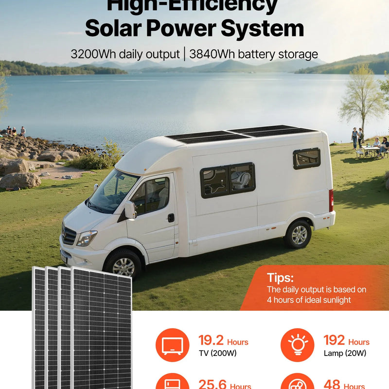 VEVOR 800 W 12 V pilns saules enerģijas komplekts, 4 × 200 W monokristāliski saules paneļi, 12,8 V 300 Ah LiFePO₄ akumulators, 60 A MPPT uzlādes kontrolieris un 2000 W strāvas invertors mājai, mazai saimniecībai, namiņam un autonomai energoapgādei