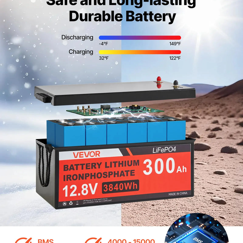 VEVOR 800 W 12 V pilns saules enerģijas komplekts, 4 × 200 W monokristāliski saules paneļi, 12,8 V 300 Ah LiFePO₄ akumulators, 60 A MPPT uzlādes kontrolieris un 2000 W strāvas invertors mājai, mazai saimniecībai, namiņam un autonomai energoapgādei