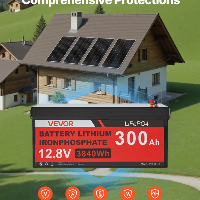 VEVOR 800 W 12 V pilns saules enerģijas komplekts, 4 × 200 W monokristāliski saules paneļi, 12,8 V 300 Ah LiFePO₄ akumulators, 60 A MPPT uzlādes kontrolieris un 2000 W strāvas invertors mājai, mazai saimniecībai, namiņam un autonomai energoapgādei