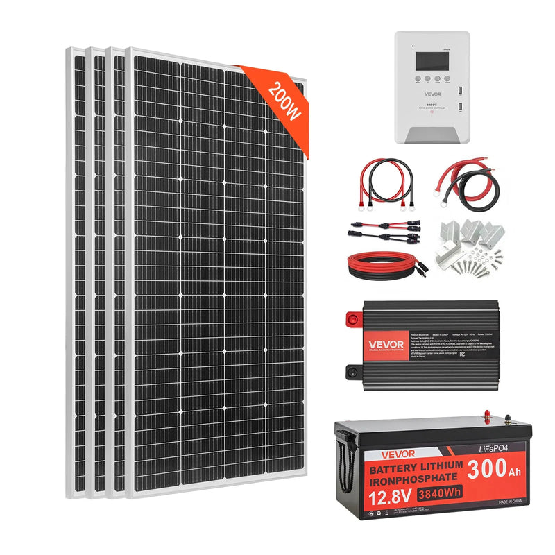 VEVOR 800 W 12 V pilns saules enerģijas komplekts, 4 × 200 W monokristāliski saules paneļi, 12,8 V 300 Ah LiFePO₄ akumulators, 60 A MPPT uzlādes kontrolieris un 2000 W strāvas invertors mājai, mazai saimniecībai, namiņam un autonomai energoapgādei