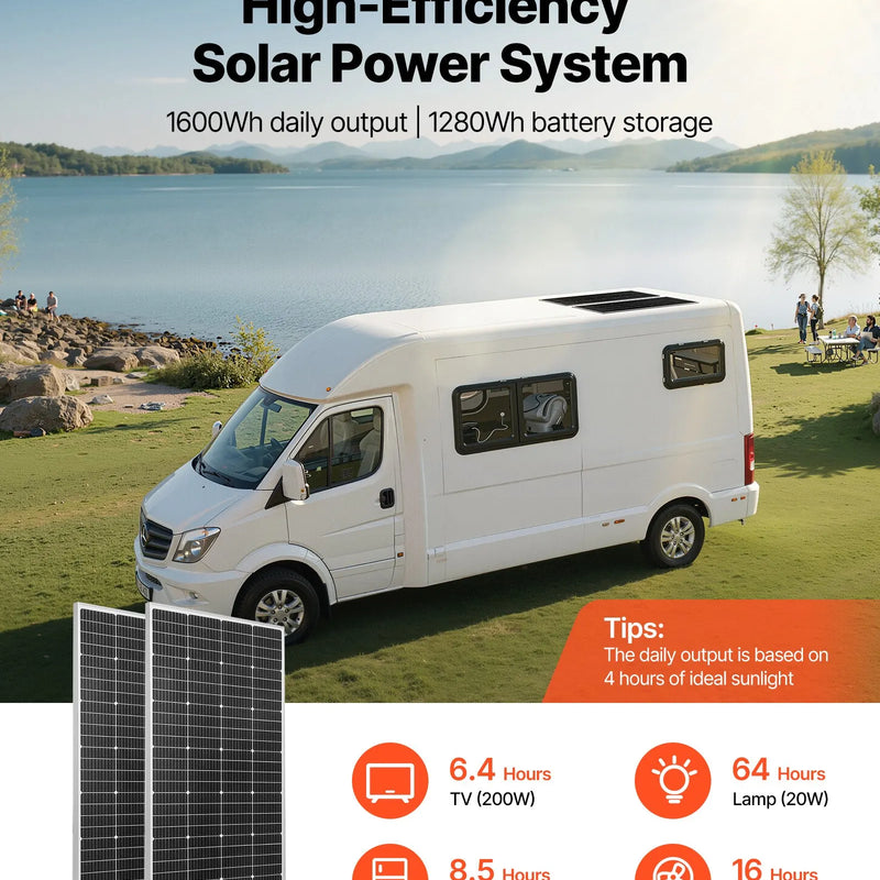 VEVOR 400 W 12 V pilns saules enerģijas komplekts, 2 × 200 W monokristāliski saules paneļi, 12,8 V 100 Ah LiFePO₄ akumulators, 40 A MPPT uzlādes kontrolieris un 1000 W strāvas invertors RV, mājai, kempingam, laivai un autonomai energoapgādei