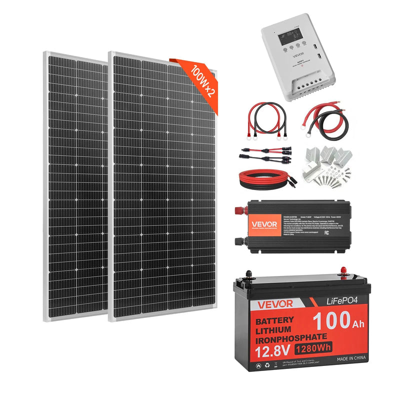 VEVOR 400 W 12 V pilns saules enerģijas komplekts, 2 × 200 W monokristāliski saules paneļi, 12,8 V 100 Ah LiFePO₄ akumulators, 40 A MPPT uzlādes kontrolieris un 1000 W strāvas invertors RV, mājai, kempingam, laivai un autonomai energoapgādei