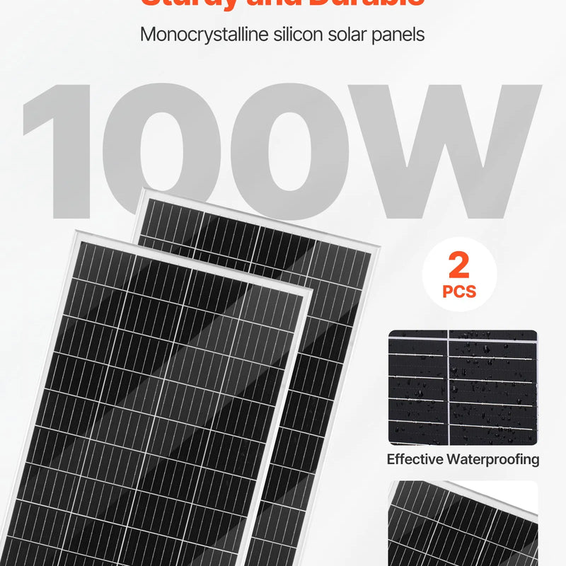 VEVOR 600 W 12 V saules un vēja enerģijas komplekts, 2 × 100 W monokristāliski saules paneļi, 400 W vēja turbīna ar kontrolieri, 12,8 V 100 Ah LiFePO₄ akumulators un 1000 W hibrīdinvertors mājai, RV, laivai, kempingam un autonomai energoapgādei