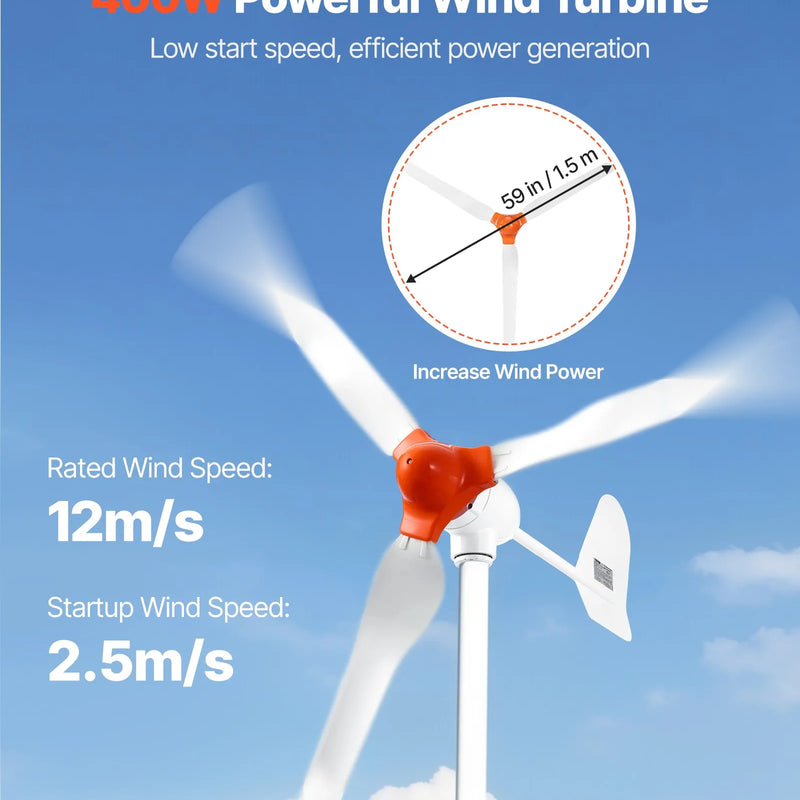 VEVOR 600 W 12 V saules un vēja enerģijas komplekts, 2 × 100 W monokristāliski saules paneļi, 400 W vēja turbīna ar kontrolieri, 12,8 V 100 Ah LiFePO₄ akumulators un 1000 W hibrīdinvertors mājai, RV, laivai, kempingam un autonomai energoapgādei
