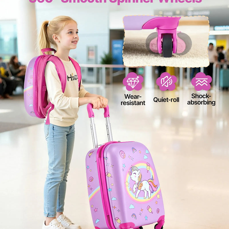 VEVOR bērnu ceļojumu bagāžas komplekts, 2 daļas, 45,7 cm cietā korpusa koferis ar riteņiem un cietā korpusa mugursoma, vienradža dizaina bērnu rokas bagāžas komplekts, piemērots lidojumiem, dāvana meitenēm un zēniem